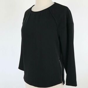 JBrand Top Black Zip Sides Hem Raw Edge Seams Jewel Collar Neckline 3/4 Sleeve M